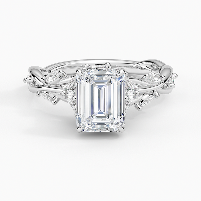 Emerald Cut Diamond Engagement Ring in 14K Yellow Gold – Vine Leaf Band Design