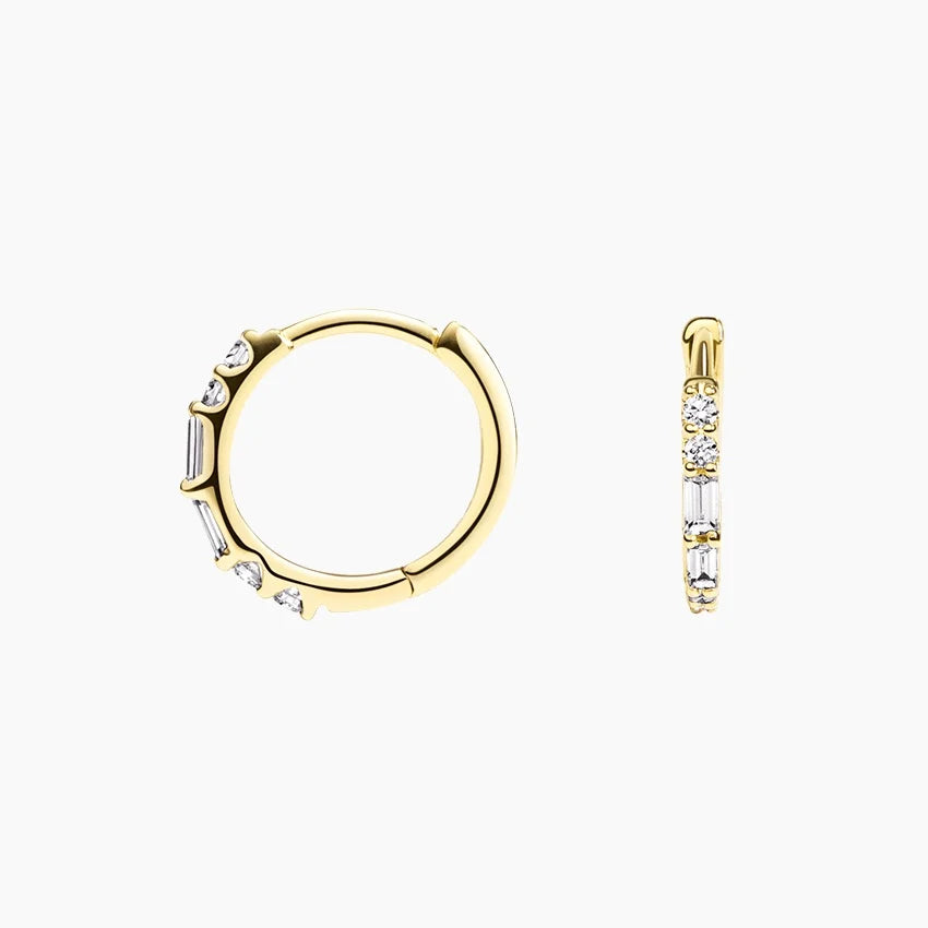 Gold Baguette & Round Diamond Hoop Earrings