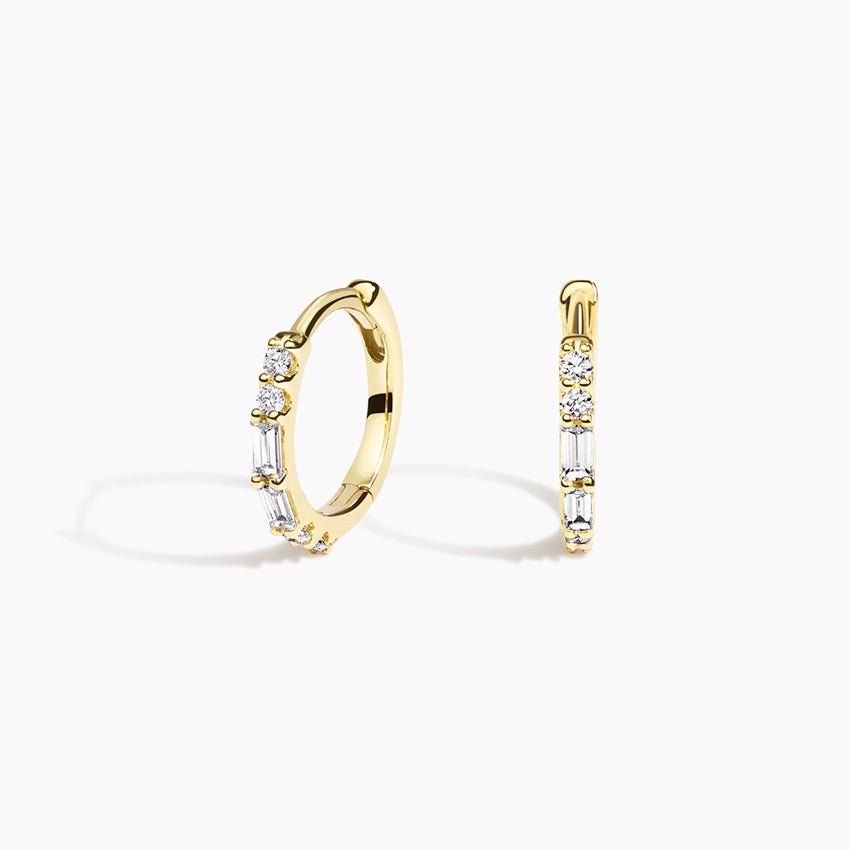 Gold Baguette & Round Diamond Hoop Earrings