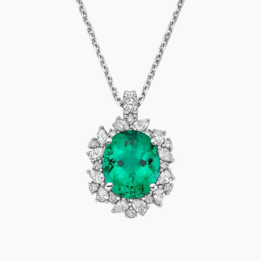 Fine Emerald and Lab-Grown Diamond Pendant Necklace in Silver