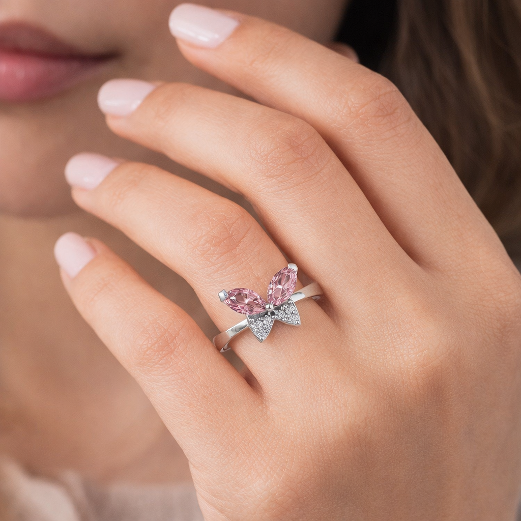 Pink Butterfly Sparkle Sterling Silver Ring