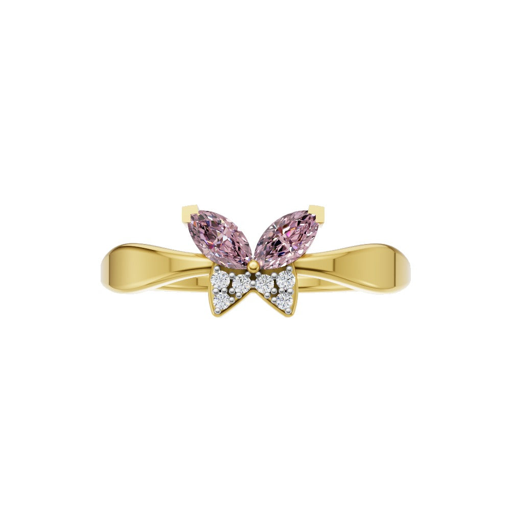 Pink marquise diamond bow design ring in yellow gold band