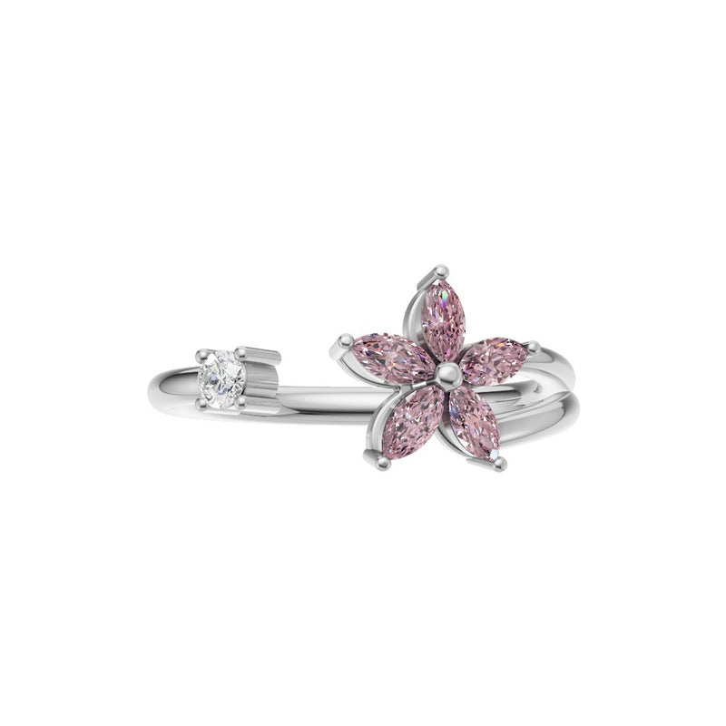 Pink marquise gemstone floral ring in silver band with diamond accent for women