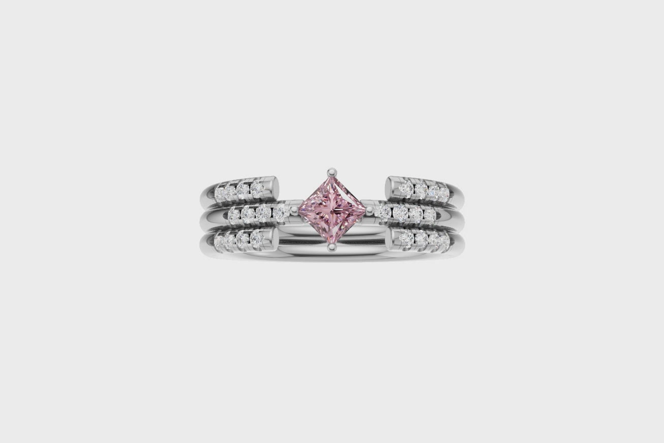 Princess Cut Pink Band Ring with Double Row Accents