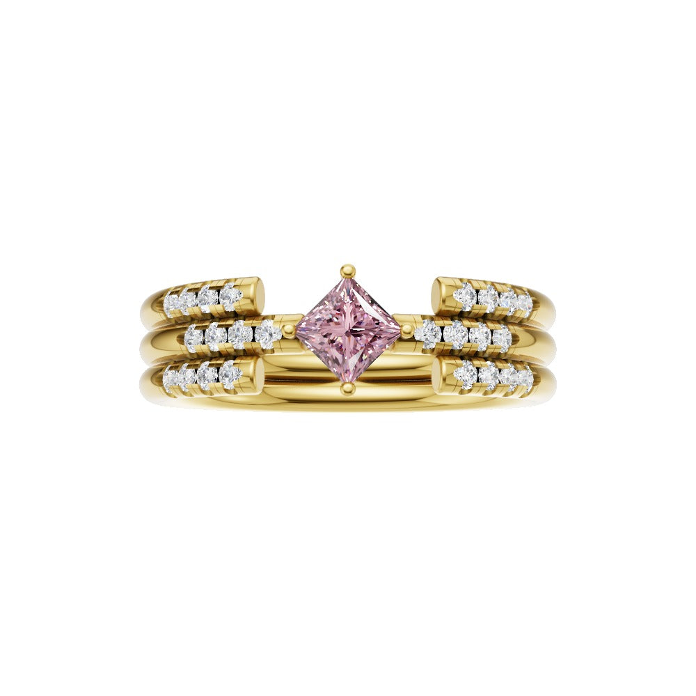 Princess Cut Pink Band Ring with Double Row Accents