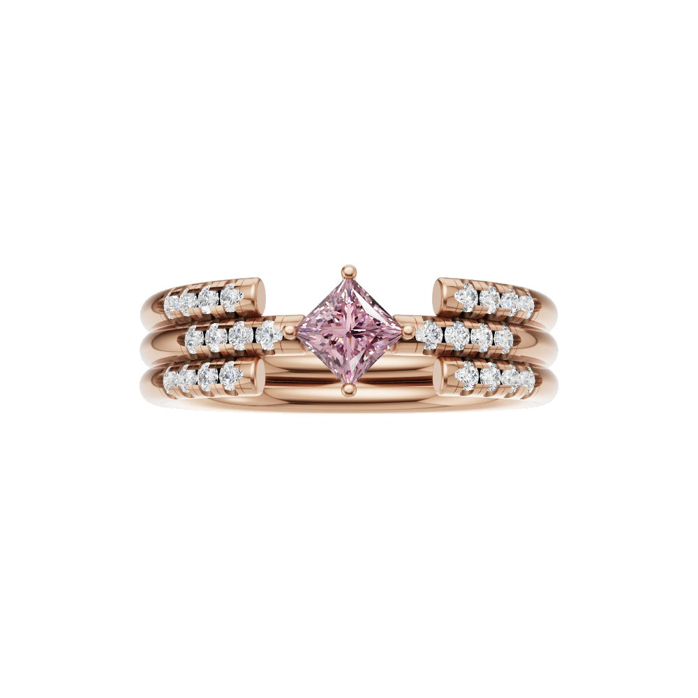 Princess Cut Pink Band Ring with Double Row Accents