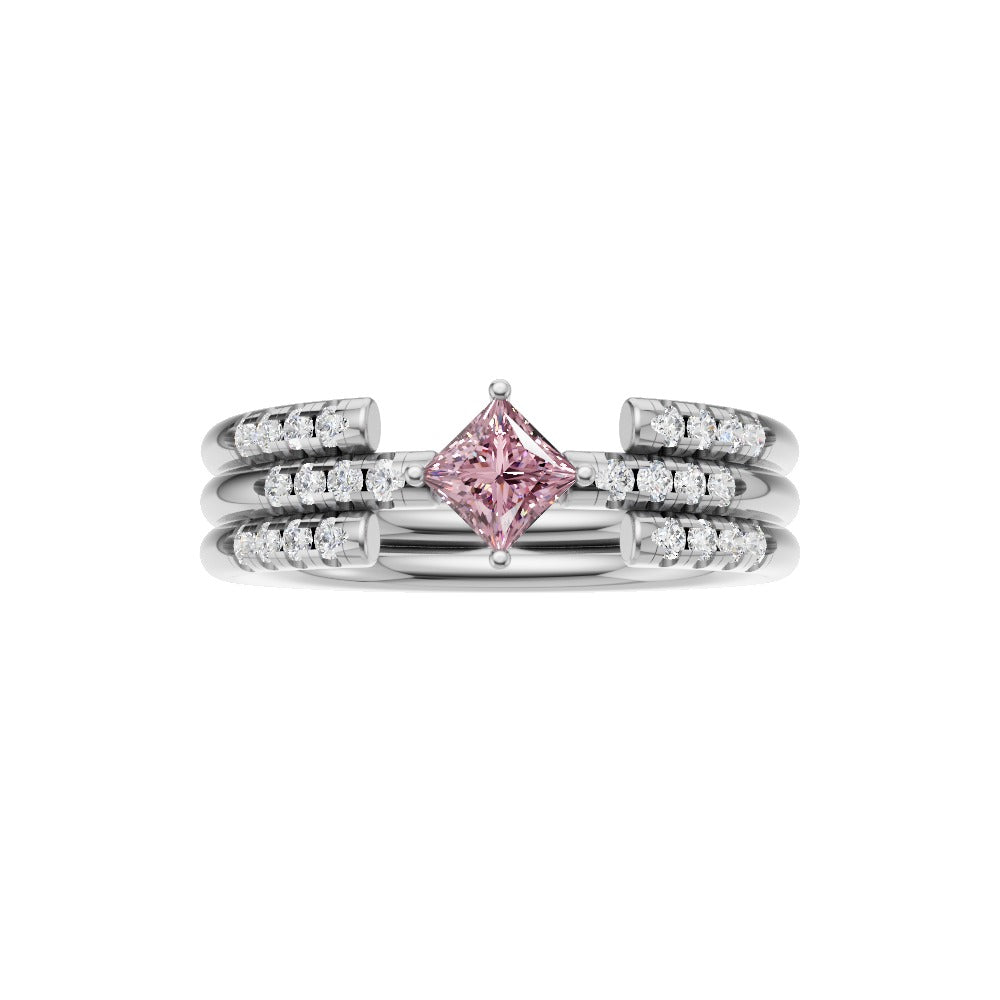 Princess Cut Pink Band Ring with Double Row Accents