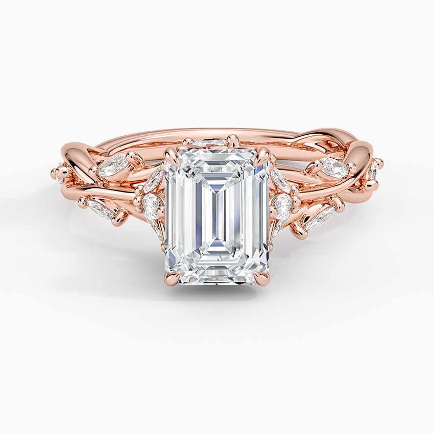 Emerald Cut Diamond Engagement Ring in 14K Yellow Gold – Vine Leaf Band Design VENFORA