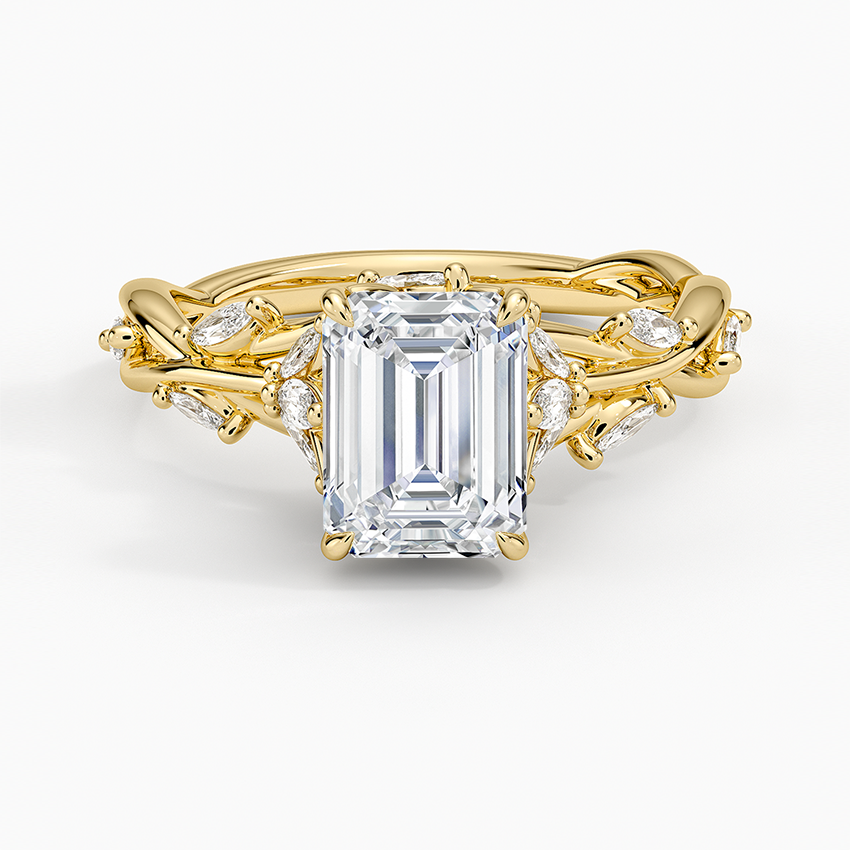Emerald Cut Diamond Engagement Ring in 14K Yellow Gold – Vine Leaf Band Design VENFORA