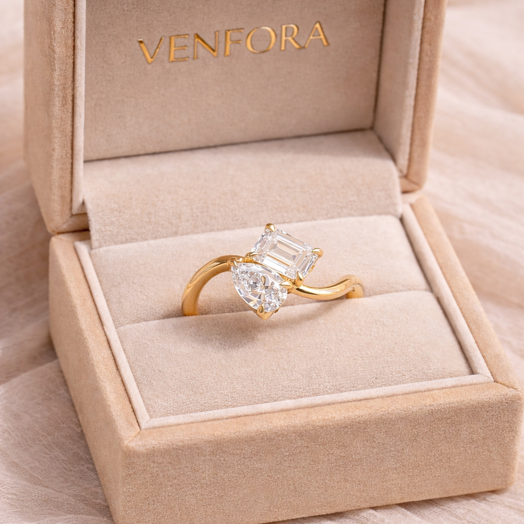 Elegant Dual Diamond Bypass Ring in Yellow Gold VENFORA