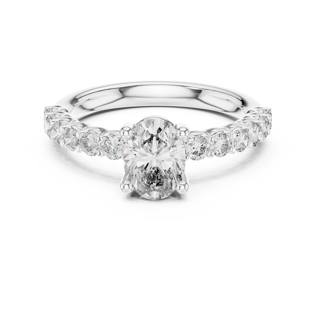 Oval Cut Solitaire Diamond Ring with Pave Band 