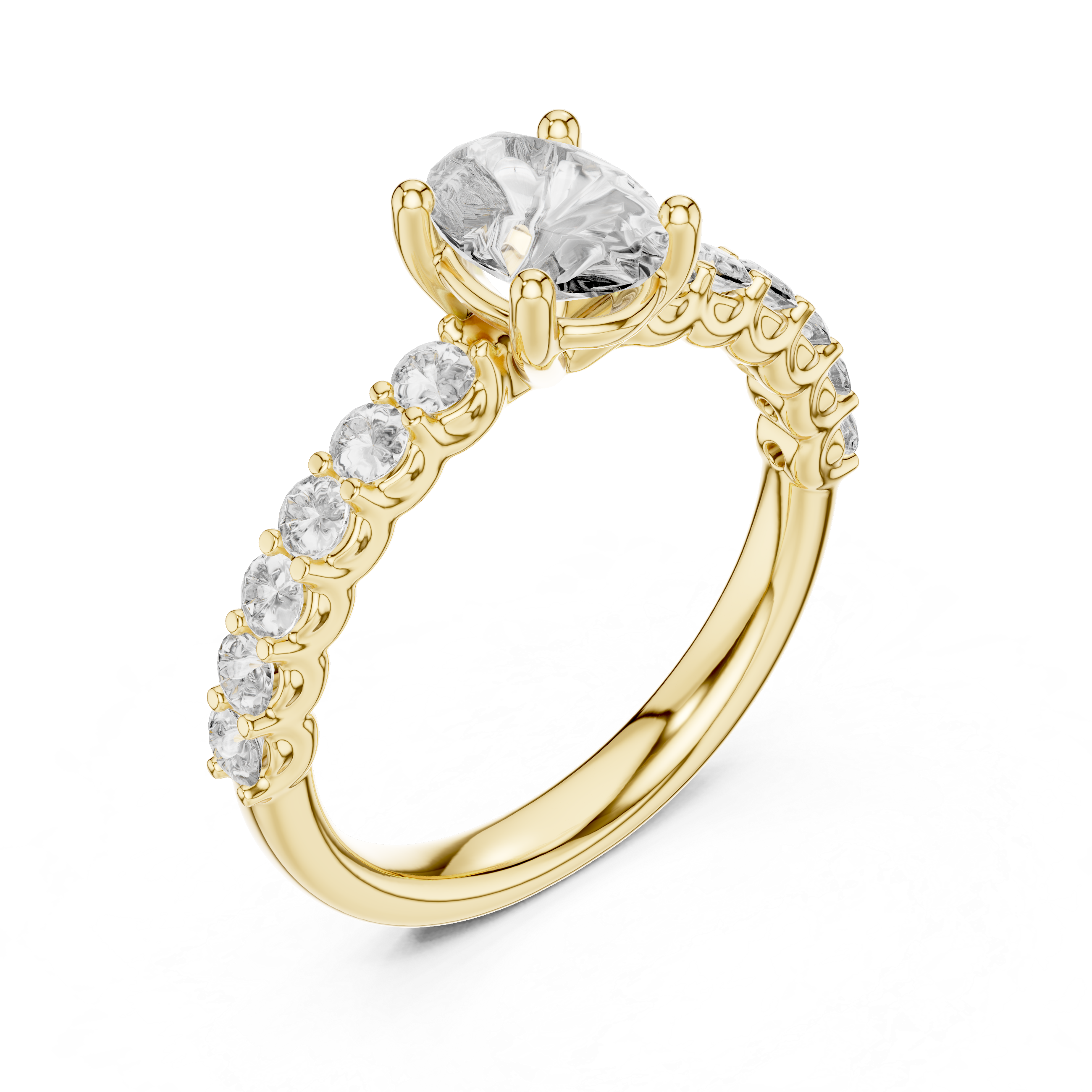 Oval Cut Solitaire Diamond Ring with Pave Band 