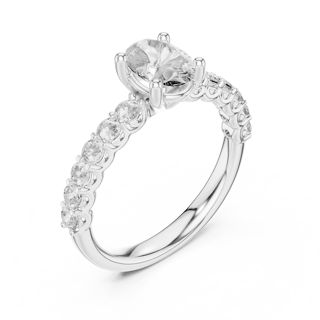 Oval Cut Solitaire Diamond Ring with Pave Band 