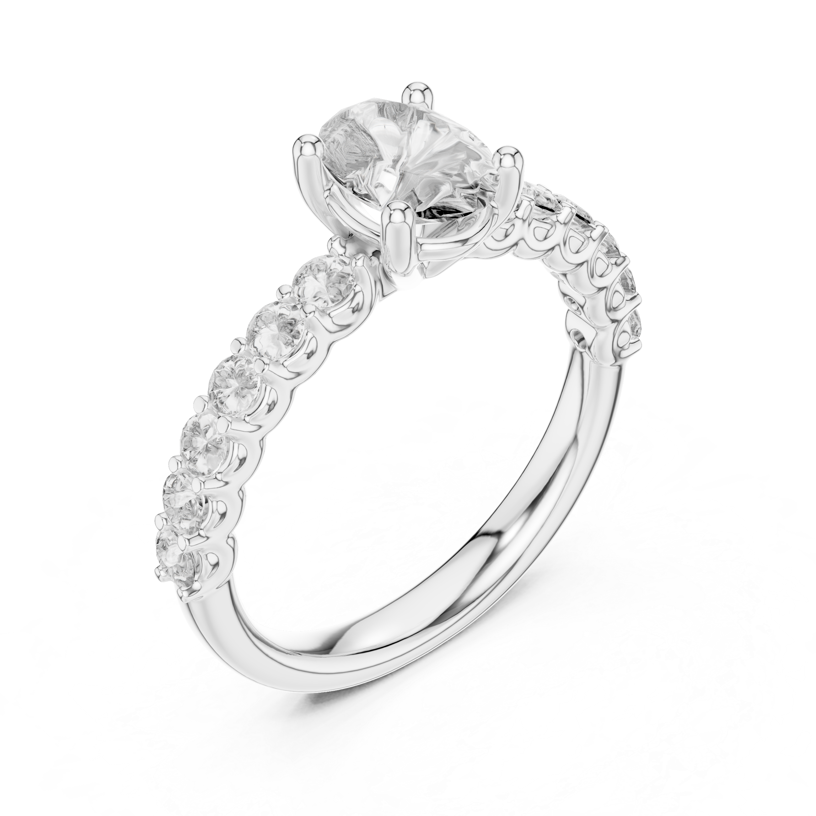 Oval Cut Solitaire Diamond Ring with Pave Band 